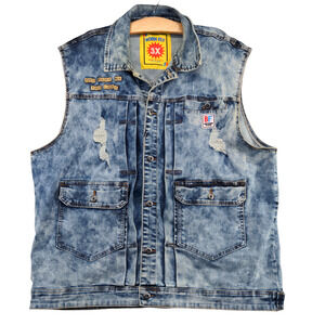 Born Fly Men's Button-Up Denim Vest Blue Big 3X Sleeveless Pockets Distressed